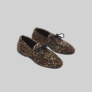 Massimo Dutti Women's Leather Fashion Round Toe Leopard Print Lace-up Loafers